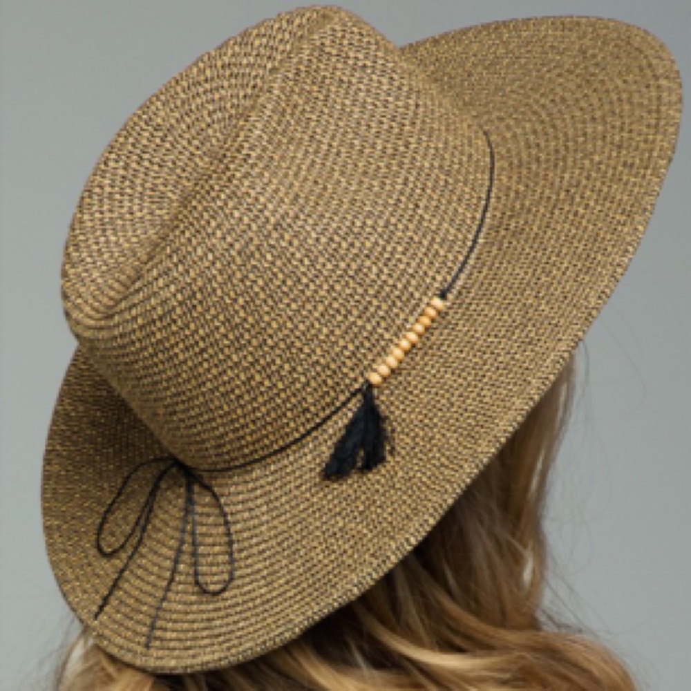 🔥 Bestseller🔥Duo Tone Panama Hat With Wood Bead Detail - Picture 2 of 5